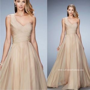 La Femme one Shoulder Gold gown